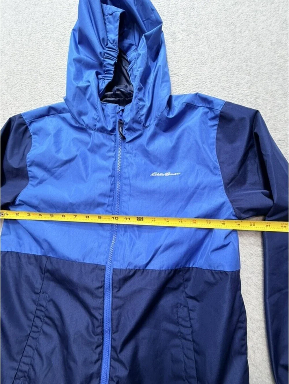 Eddie Bauer Youth Windbreaker Jacket L 14/16 Blue Navy Color Block Hooded Full